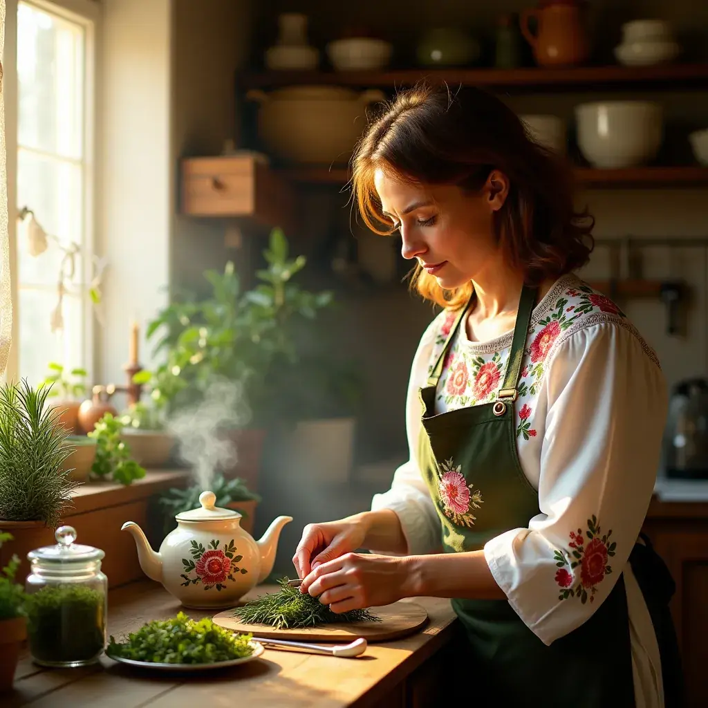 Kézben tartott csésze gőzölgő vérnyomáscsökkentő tea, körülötte friss, organikus gyógynövények.